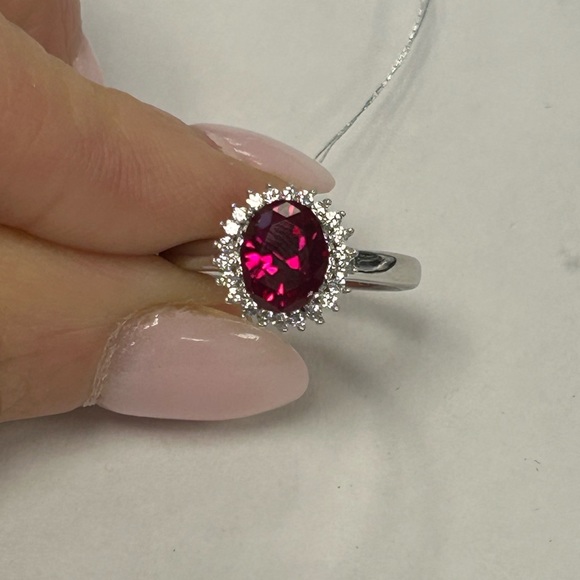 Suzy Levian Sterling Silver Oval Cut Red CZ & White CZ Halo Ring NWT - Picture 3 of 7